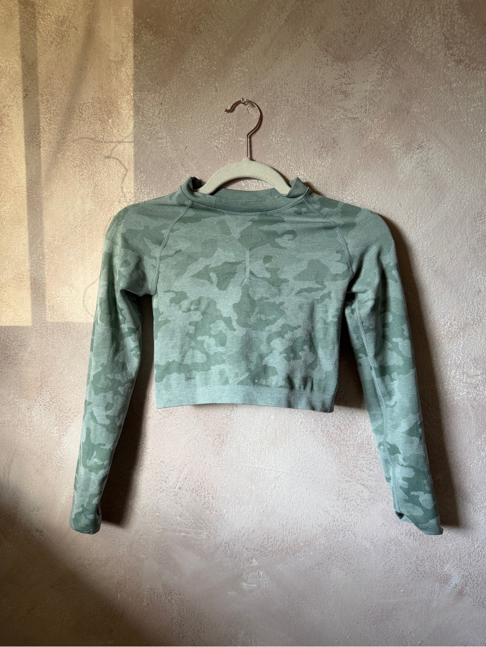 Cropped Long-Sleeve Camo Top in Sage Green